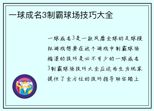一球成名3制霸球场技巧大全