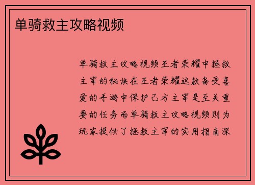 单骑救主攻略视频
