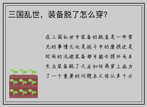 三国乱世，装备脱了怎么穿？