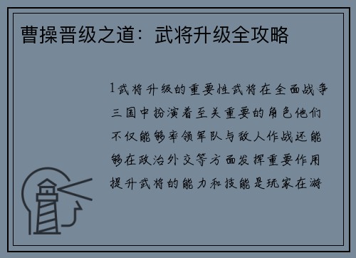曹操晋级之道：武将升级全攻略